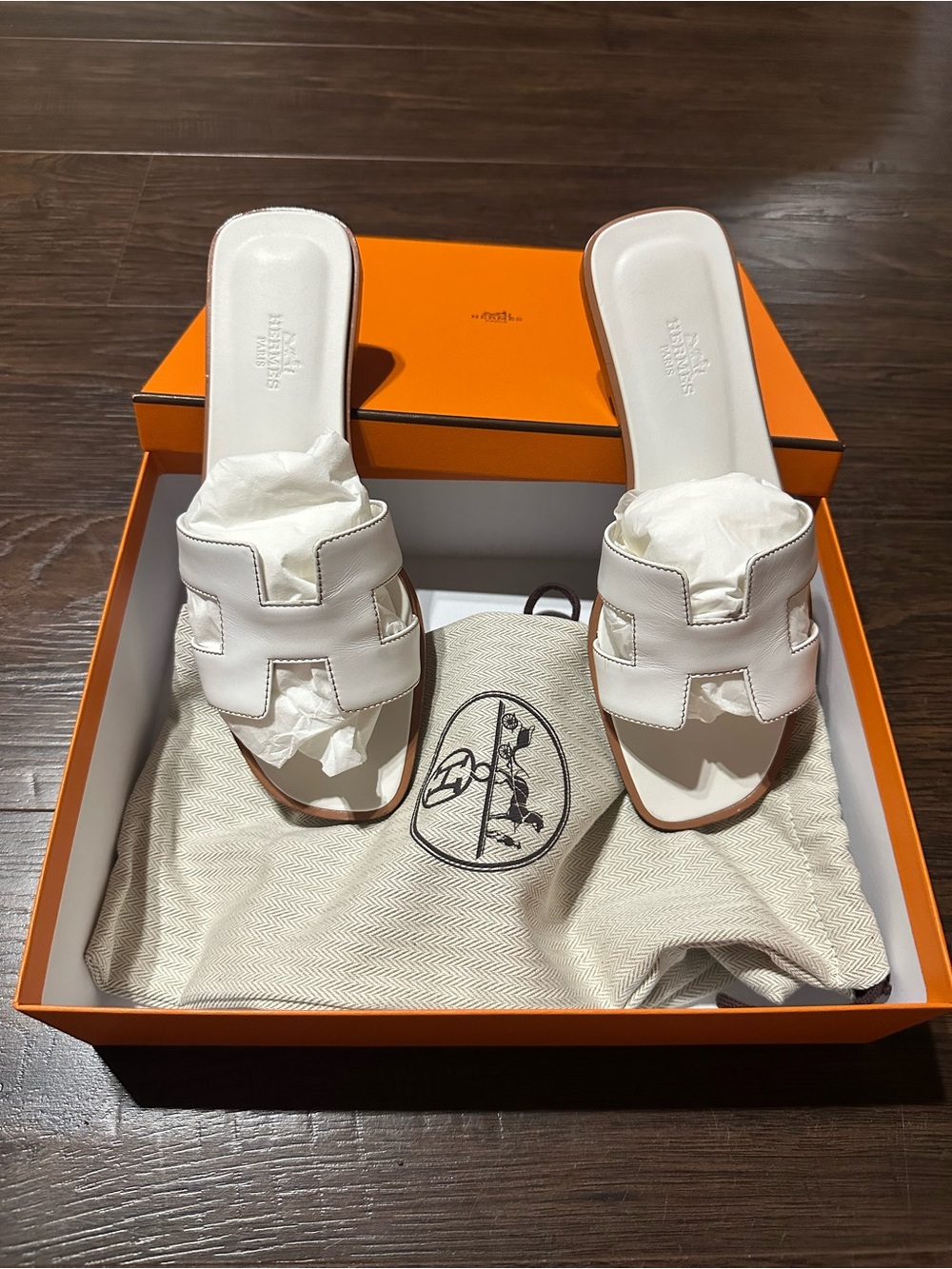 Hermes White Oran Leather Slide Sandals